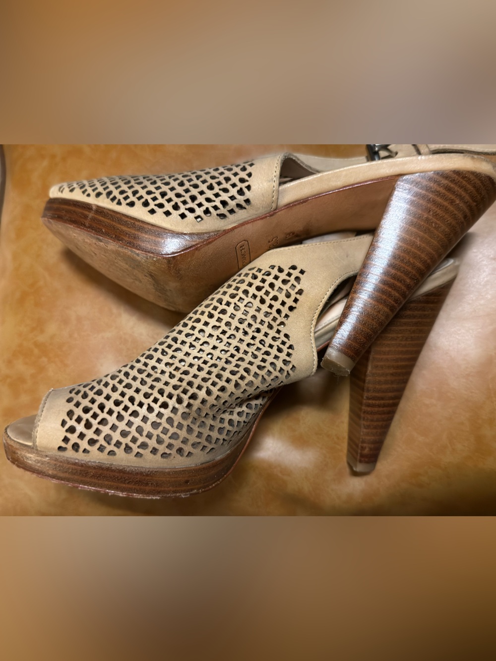Coach Perforated Open-Toe Slingback Wedge Sandals in Beige